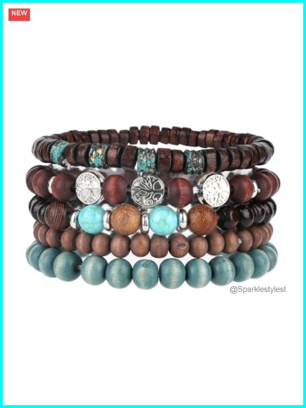 5pc Wood Bead Stretch Bracelets Boho Stackable Elastic Women Men